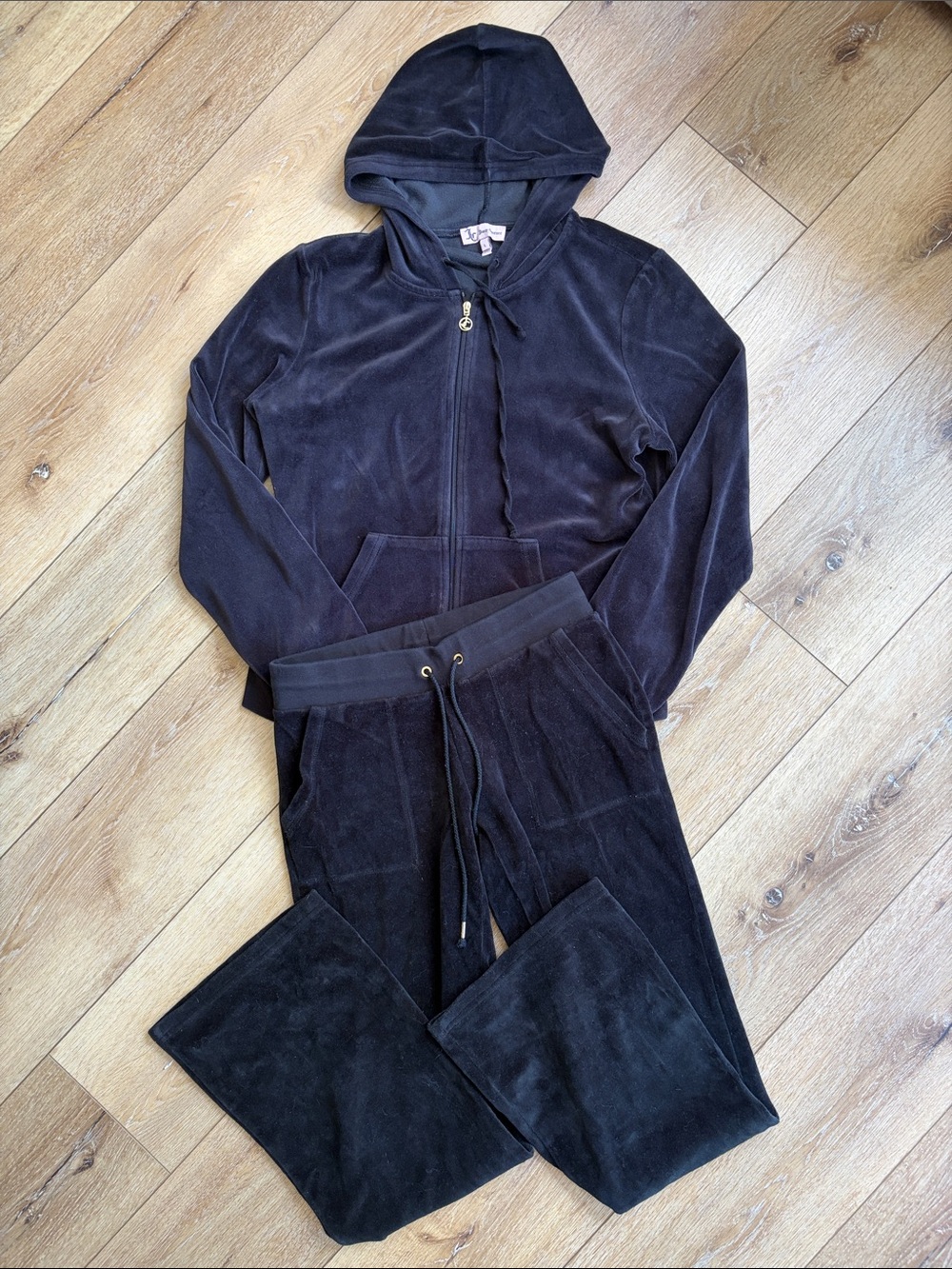 Juicy Couture Pink Label Black Velour Zippered Hoodie And Jogger Set S